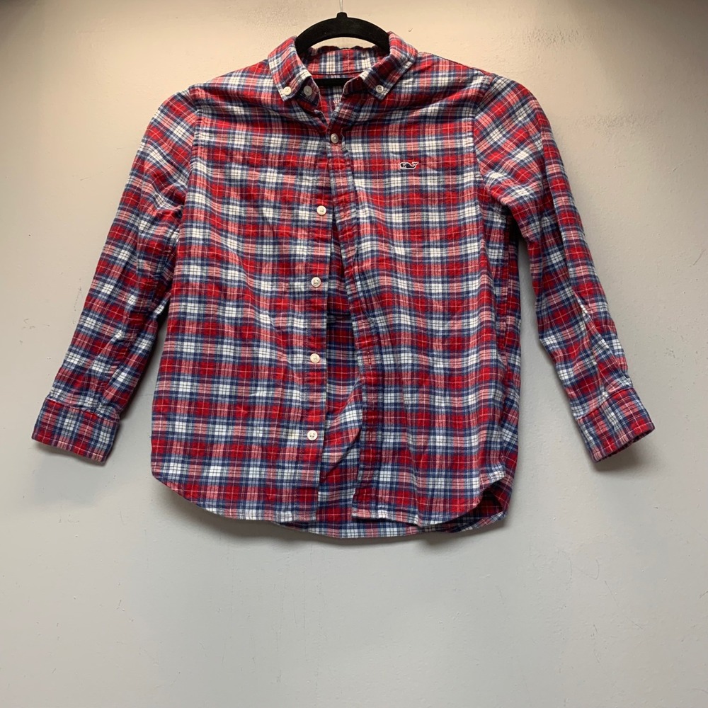 Vineyard Vines Button Down Shirt Boys 7 Red Blue Plaid Excellent Whale Logo